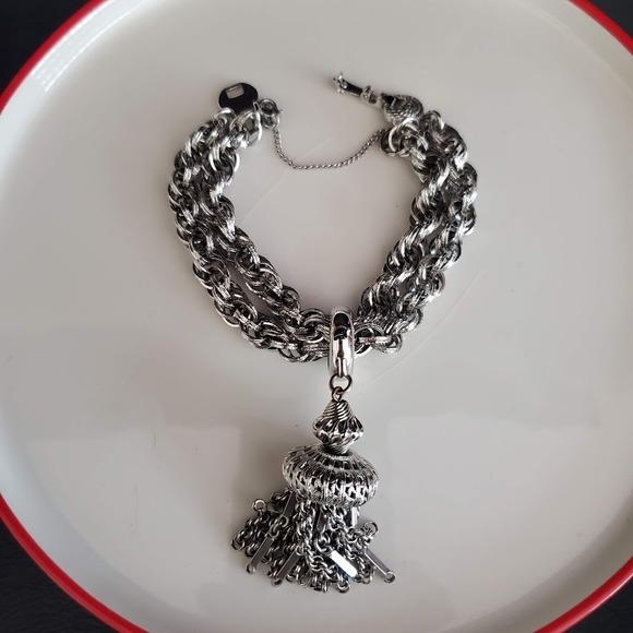 Monet Jewelry - Chunky Vtg MONET SilverTone Double Twist Rope Damita Chain Bracelet Tassel Charm